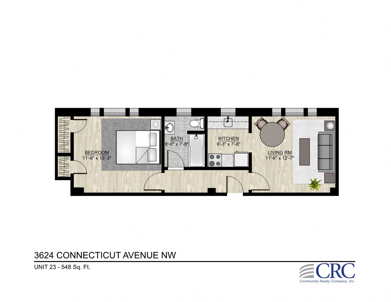 Floor plan for 1 bed, 1 bath, 548 sqft